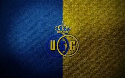 Royale Union SG badge, 4k, blue yellow fabric background, Jupiler Pro League, Royale Union SG logo, Royale Union SG emblem, sports logo, Belgian football club, Royale Union SG, soccer, football, Royale Union FC