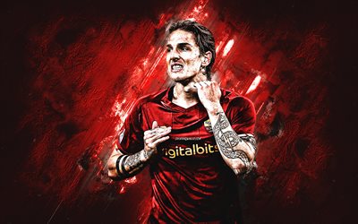 nicolo zaniolo, as roma, italienischer fußballspieler, mittelfeldspieler, porträt, roter steinhintergrund, serie a, italien, fußball