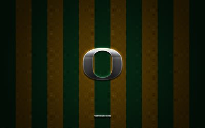 oregon ducks logosu, amerikan futbol takımı, ncaa, yeşil sarı karbon arka plan, oregon ducks amblemi, futbol, ​​oregon ducks, abd, oregon ducks gümüş metal logo