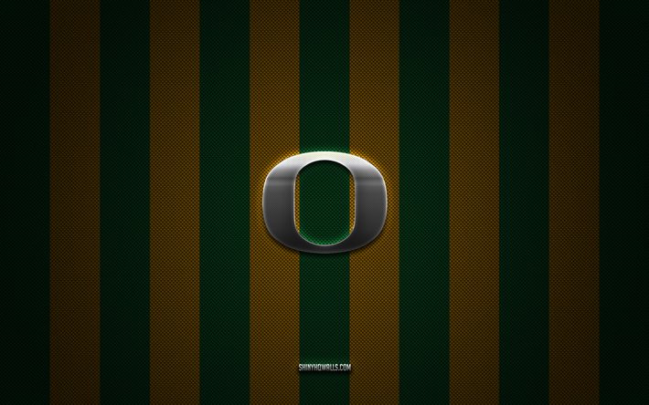 logotipo de los oregon ducks, equipo de fútbol americano, ncaa, fondo de carbono amarillo verde, emblema de los oregon ducks, fútbol, ​​oregon ducks, ee uu, logotipo de metal plateado de los oregon ducks