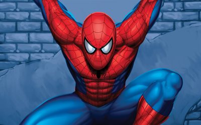 spider-man, 4k, el arte abstracto, los cómics de marvel, azul brickwall, superhéroes, cartoon spider-man, fondos azules, spiderman, spider-man 4k