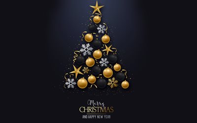 feliz navidad, 2023, feliz año nuevo, fondo de navidad negro y dorado, árbol de navidad de bolas negras y doradas, fondo con árbol de navidad, fondo negro de navidad