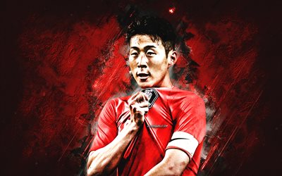 son heung min, seleção sul coreana de futebol, retrato, fundo de pedra vermelha, jogador de futebol sul-coreano, arte grunge, futebol, coreia do sul