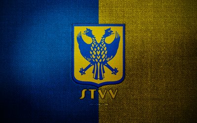 Sint-Truidense VV badge, 4k, blue yellow fabric background, Jupiler Pro League, Sint-Truidense VV logo, Sint-Truidense VV emblem, sports logo, Belgian football club, Sint-Truidense VV, soccer, football, Sint-Truidense FC, STVV