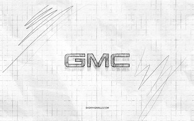 GMC sketch logo, 4K, checkered paper background, GMC black logo, cars brands, logo sketches, GMC logo, pencil drawing, GMC
