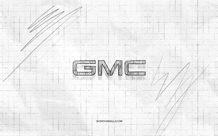 gmc-skizzenlogo, 4k, karierter papierhintergrund, schwarzes gmc-logo, automarken, logoskizzen, gmc-logo, bleistiftzeichnung, gmc