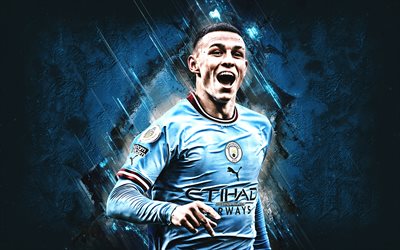 Phil Foden, Manchester City FC, portrait, English footballer, midfielder, blue stone background, Premier League, England, football
