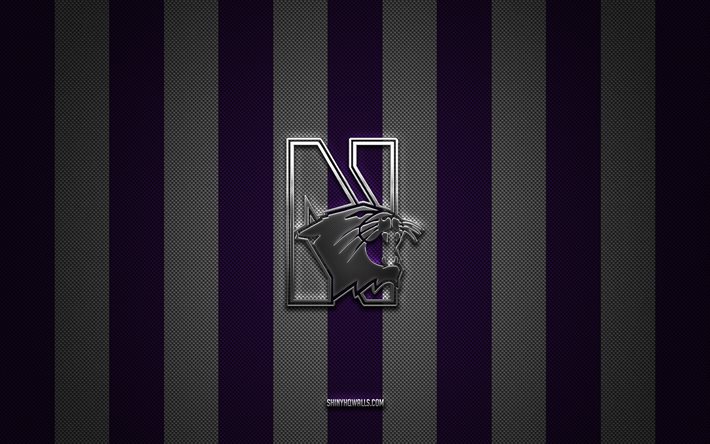 Northwestern Wildcats logo, American football team, NCAA, violet white carbon background, Northwestern Wildcats emblem, football, Northwestern Wildcats, USA, Northwestern Wildcats silver metal logo