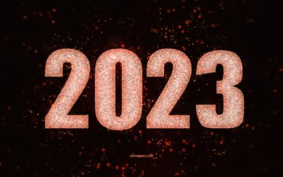 Orange 2023 background, 4k, Happy New Year 2023, glitter art, 2023 orange glitter background, 2023 concepts, 2023 Happy New Year, orange lights, 2023 orange template