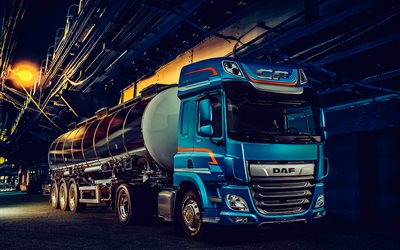 daf cf ft space cab, 4k, fábrica, 2018 camiones, lkw, camiones cisterna, azul daf cf, 2018 daf cf, transporte de carga, camiones daf