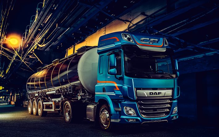 daf cf ft space cab, 4k, fábrica, 2018 camiones, lkw, camiones cisterna, azul daf cf, 2018 daf cf, transporte de carga, camiones daf