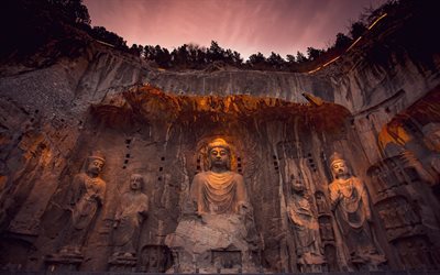 grutas de longmen, estatua de buda, tarde, puesta de sol, cuevas de longmen, buda lu she na, provincia de henan, budismo, china