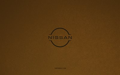 logotipo de nissan, 4k, logotipos de automóviles, emblema de nissan, textura de piedra marrón, nissan, marcas de automóviles populares, signo de nissan, fondo de piedra marrón