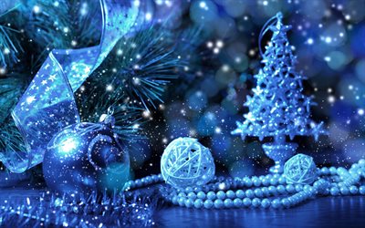 blue xmas tree, 4k, blue christmas decorations, blue xmas balls, glitter, stars, christmas decorations, tinsel, Happy New Year, cones, xmas decorations, blue christmas background