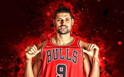 Nikola Vucevic, 4k, red neon lights, Chicago Bulls, NBA, basketball, Nikola Vucevic 4K, red abstract background, Nikola Vucevic Chicago Bulls