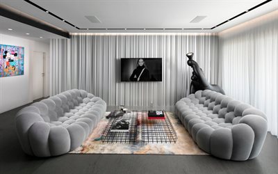 design d'interni elegante, soggiorno, colore grigio, divano elegante grigio, interni moderni, idea per il soggiorno in colori grigi, pareti grigie nel soggiorno