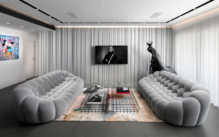 design de interiores elegante, sala de estar, cor cinza, sofá cinza estiloso, interior moderno, ideia para a sala de estar em tons de cinza, paredes cinzas na sala