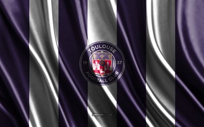 logotipo de toulouse fc, ligue 1, textura de seda blanca violeta, bandera de toulouse fc, equipo de fútbol francés, toulouse fc, fútbol, ​​bandera de seda, emblema de toulouse fc, francia, insignia de toulouse fc