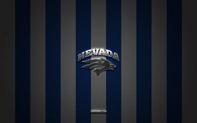 Nevada Wolf Pack logo, American football team, NCAA, blue white carbon background, Nevada Wolf Pack emblem, football, Nevada Wolf Pack, USA, Nevada Wolf Pack silver metal logo