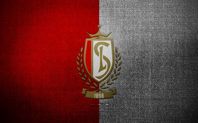 標準リエージュバッジ, 4k, 赤青の布の背景, ジュピラー プロ リーグ, 標準的なリエージュのロゴ, 標準的なリエージュの紋章, スポーツのロゴ, ベルギーのサッカー クラブ, スタンダード・リエージュ, サッカー, フットボール, スタンダード リエージュ fc