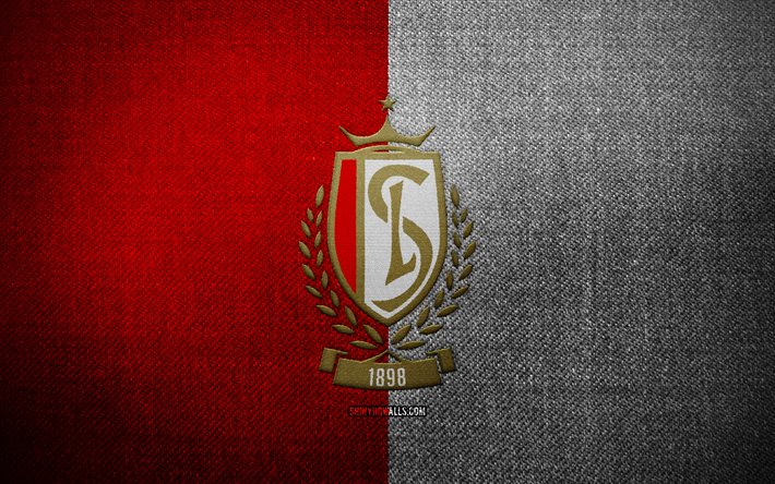 Standard Liege badge, 4k, red blue fabric background, Jupiler Pro League, Standard Liege logo, Standard Liege emblem, sports logo, Belgian football club, Standard Liege, soccer, football, Standard Liege FC
