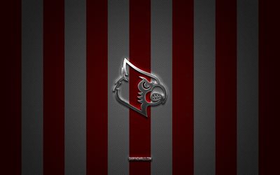 louisville cardinals logosu, amerikan futbol takımı, ncaa, kırmızı beyaz karbon arka plan, louisville cardinals amblemi, futbol, ​​louisville cardinals, abd, louisville cardinals gümüş metal logo
