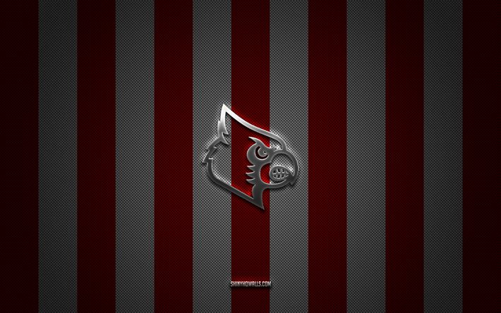 louisville cardinals logosu, amerikan futbol takımı, ncaa, kırmızı beyaz karbon arka plan, louisville cardinals amblemi, futbol, ​​louisville cardinals, abd, louisville cardinals gümüş metal logo