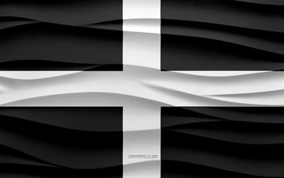 4k, Flag of Cornwall, 3d waves plaster background, Cornwall flag, 3d waves texture, English national symbols, Day of Cornwall, county of England, 3d Cornwall flag, Cornwall, England