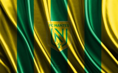 logo dell'fc nantes, ligue 1, trama di seta gialla verde, bandiera dell'fc nantes, squadra di calcio francese, fc nantes, calcio, bandiera di seta, emblema dell'fc nantes, francia, distintivo dell'fc nantes