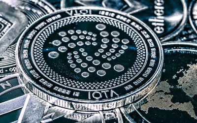 IOTA silver coin, 4k, crypto currency, IOTA sign, price of IOTA concepts, IOTA coin, electronic money, finance, background with IOTA, choice of cryptocurrency, IOTA