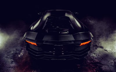 Lamborghini Aventador, 4k, back view, rear lights, hypercars, Black Lamborghini Aventador, supercars, italian cars, Lamborghini