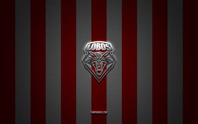logotipo de new mexico lobos, equipo de fútbol americano, ncaa, fondo de carbono blanco rojo, emblema de new mexico lobos, fútbol, ​​new mexico lobos, ee uu, logotipo de metal plateado de new mexico lobos