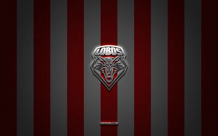 new mexico lobos logosu, amerikan futbol takımı, ncaa, kırmızı beyaz karbon arka plan, new mexico lobos amblemi, futbol, ​​new mexico lobos, abd, new mexico lobos gümüş metal logo