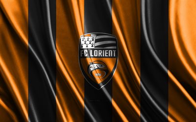 fc lorient-logo, ligue 1, orange-schwarze seidenstruktur, fc lorient-flagge, französische fußballmannschaft, fc lorient, fußball, seidenflagge, fc lorient-emblem, frankreich, fc lorient-abzeichen