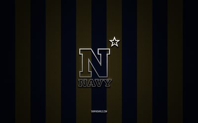 Navy Midshipmen logo, American football team, NCAA, blue gold carbon background, Navy Midshipmen emblem, football, Navy Midshipmen, USA, Navy Midshipmen silver metal logo