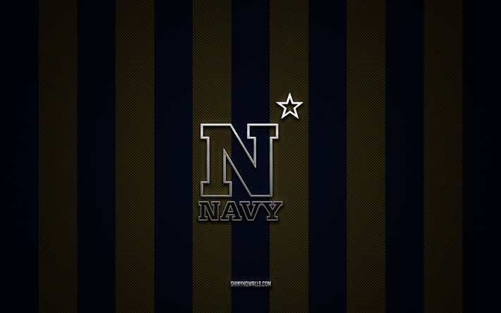navy midshipmen logosu, amerikan futbol takımı, ncaa, mavi altın karbon arka plan, navy midshipmen amblemi, futbol, ​​navy midshipmen, abd, navy midshipmen gümüş metal logo