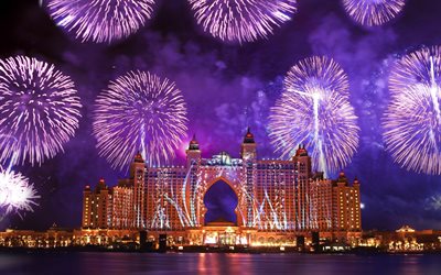 atlantis the palm, 4k, feuerwerk, moderne gebäude, hotels, dubai, atlantis, dubai bei nacht, vereinigte arabische emirate, bilder mit dubai, dubai-stadtbild, dubai-panorama