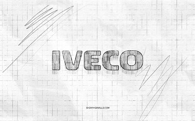 iveco スケッチ ロゴ, 4k, 市松模様の紙の背景, iveco 黒のロゴ, 車のブランド, ロゴスケッチ, イヴェコのロゴ, 鉛筆画, イベコ