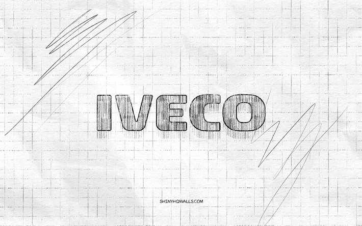 iveco-skizzenlogo, 4k, karierter papierhintergrund, schwarzes iveco-logo, automarken, logoskizzen, iveco-logo, bleistiftzeichnung, iveco