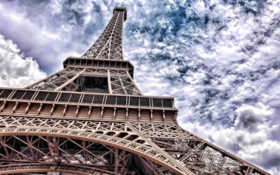 Eiffel Tower, 4k, bottom view, Paris, sky with clouds, Paris Lenmark, metal tower, Champ de Mars, France