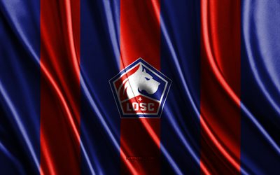 Lille OSC logo, Ligue 1, red blue silk texture, Lille OSC flag, French football team, Lille OSC, football, silk flag, Lille OSC emblem, France, Lille OSC badge