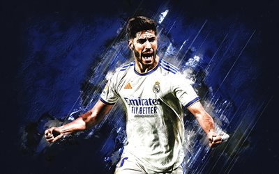 marco asensio, real madrid, calciatore spagnolo, centrocampista, ritratto, pietra blu sullo sfondo, la liga, spagna, calcio
