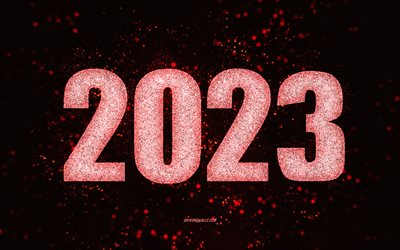 plano de fundo vermelho 2023, 4k, feliz ano novo 2023, arte com glitter, fundo de brilho vermelho 2023, conceitos de 2023, 2023 feliz ano novo, luzes vermelhas, modelo vermelho 2023