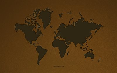 carte du monde, 4k, la texture de la pierre brune, les continents, la carte du monde en cuir, la pierre brune de fond, de la terre, des concepts de carte du monde