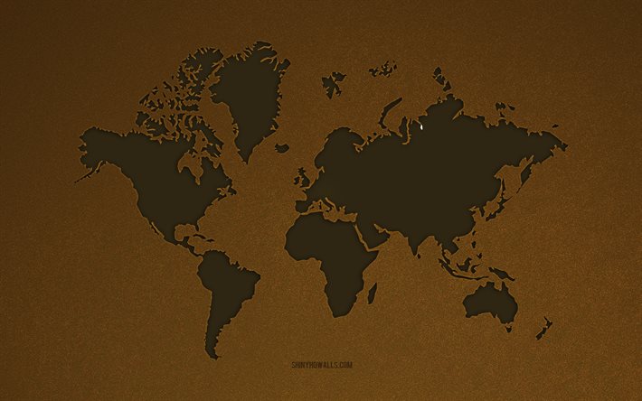 mappa del mondo, 4k, struttura in pietra marrone, continenti, mappa del mondo in pelle, sfondo in pietra marrone, terra, concetti di mappa del mondo