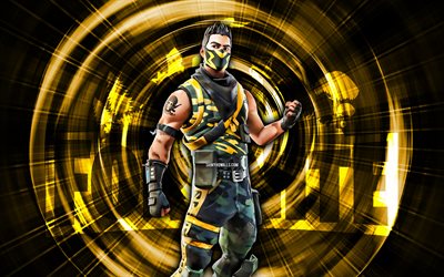 Deadfall, 4k, yellow abstract background, Fortnite, abstract rays, Deadfall Skin, Fortnite Deadfall Skin, Fortnite characters, Deadfall Fortnite