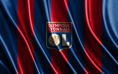 Olympique Lyonnais logo, Ligue 1, red blue silk texture, Olympique Lyonnais flag, French football team, Olympique Lyonnais, football, silk flag, Olympique Lyonnais emblem, France, Olympique Lyonnais badge, Lyon