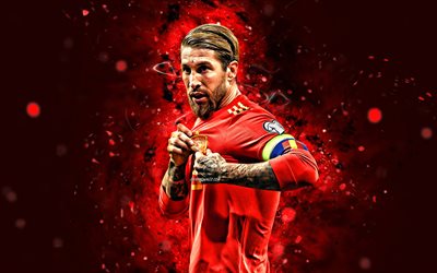 Sergio Ramos, 4k, red neon lights, Spain National Team, soccer, footballers, red abstract background, spanish football team, Sergio Ramos 4K