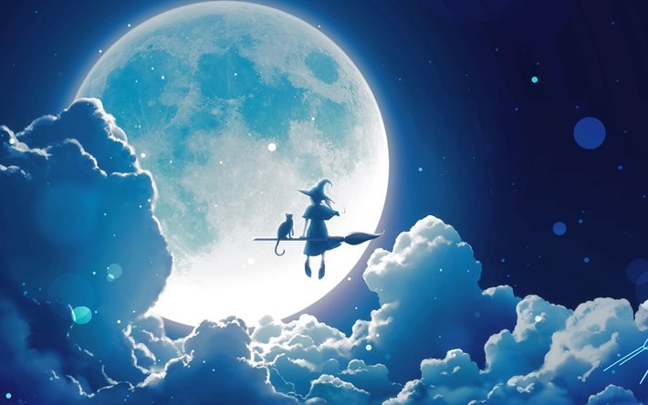 süpürge üzerinde cadı, gece gökyüzü, ay, gökyüzünde cadı, kedili cadı, mistik karakterler, cadı, süpürge