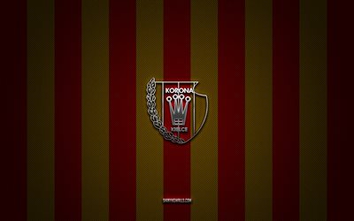logotipo de korona kielce, club de fútbol polaco, ekstraklasa, fondo de carbono amarillo rojo, emblema de korona kielce, fútbol, korona kielce, polonia, logotipo de metal plateado de korona kielce